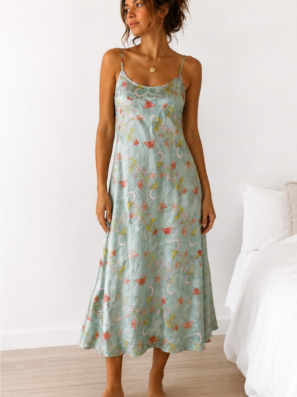 Their Nibs Teal Butterfly Moon Print Slip Dress Nightgown Y2K Fairycore Whimsy